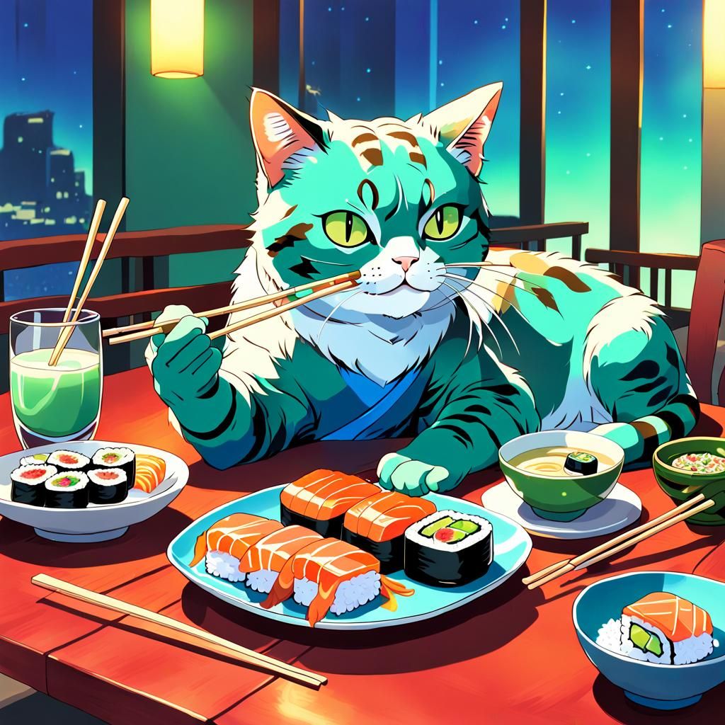Cat Eats Sushi in Vibrant Anime-Inspired Art