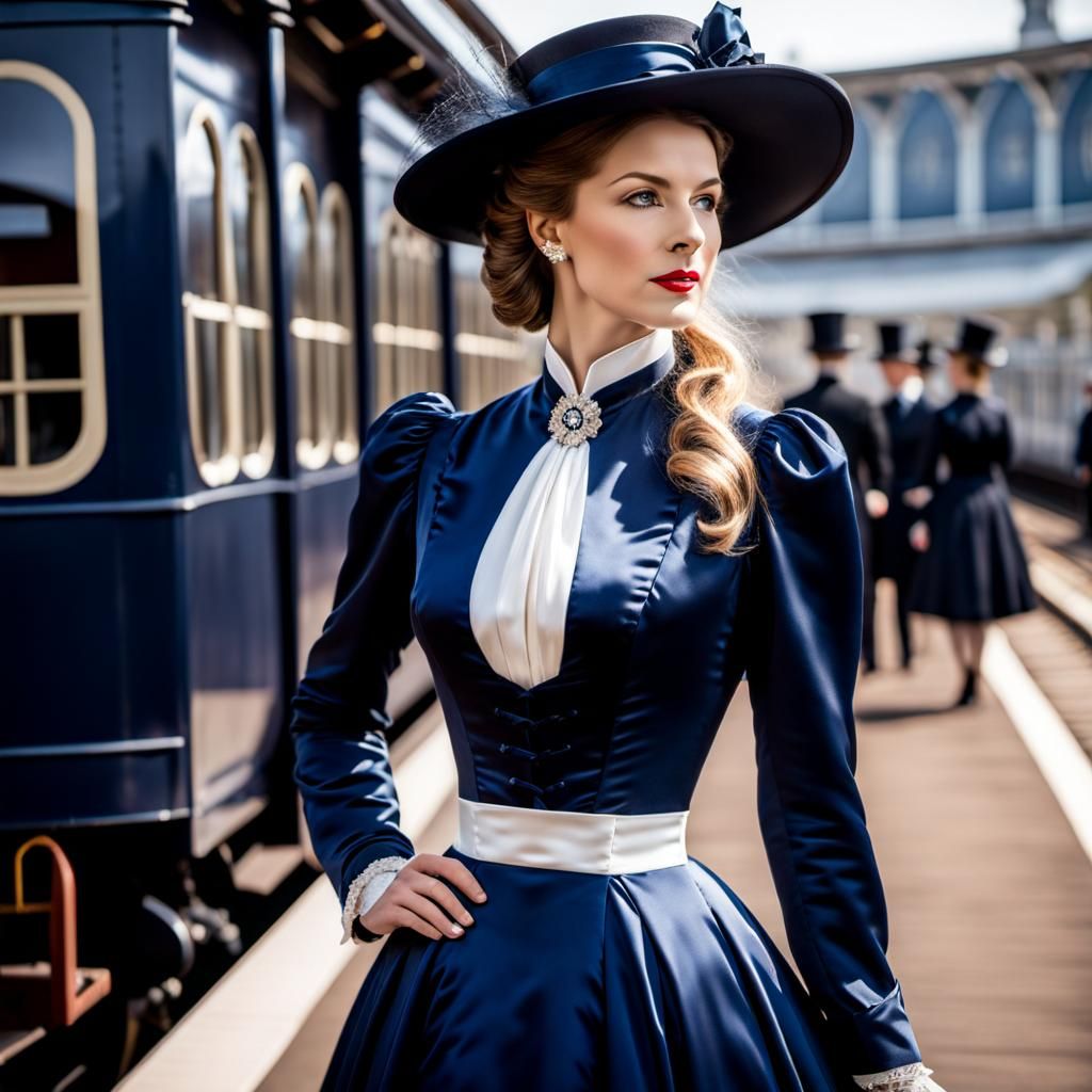 Elegant Woman in 1890s Dress Ready to Board Train