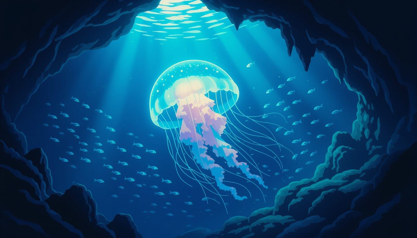 Bioluminescent Jellyfish in Deep Sea Cave, Ghibli Style
