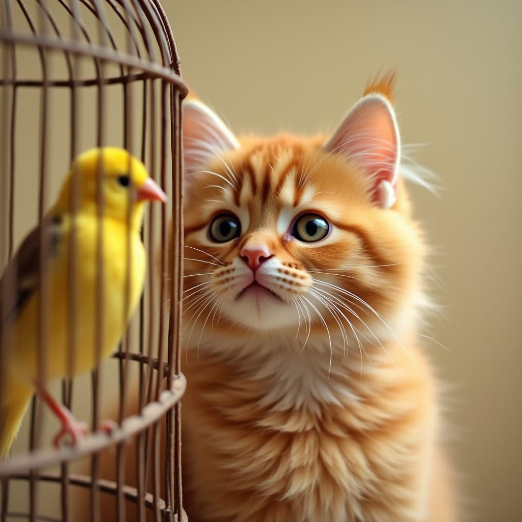 Realistic Orange Cat Watches Yellow Canary in Birdcage