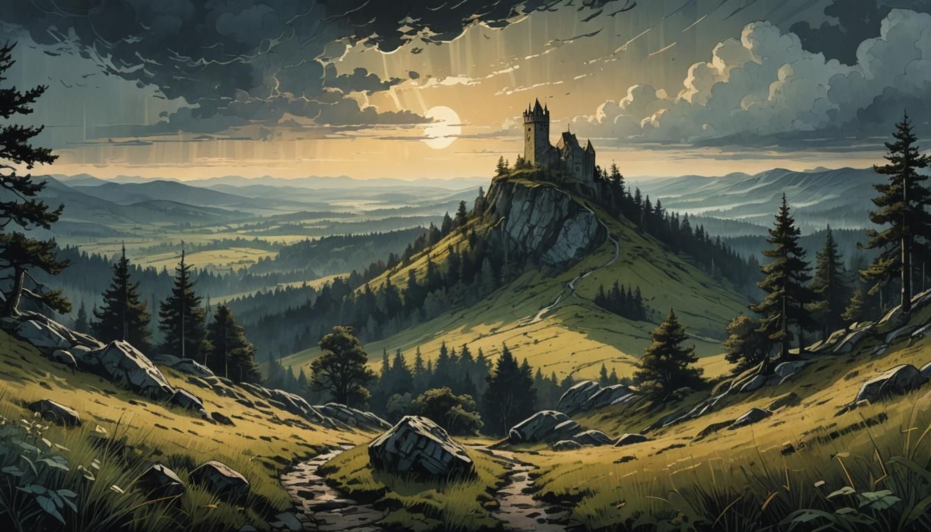 Meadow Observation Point at Dawn in Retro Style
