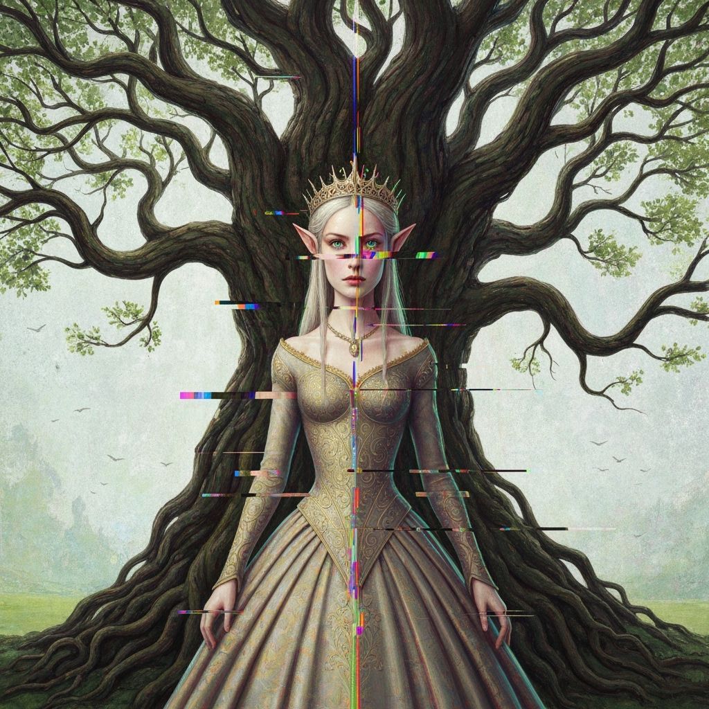 Glitched Elf Queen Portrait in Digital Art Style