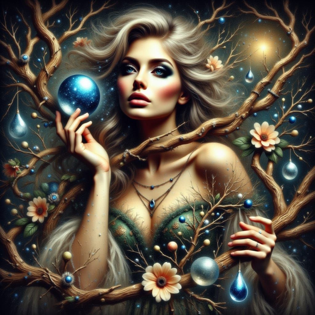 Enchanted Nature Goddess with Shimmering Gown and Crystal Or...