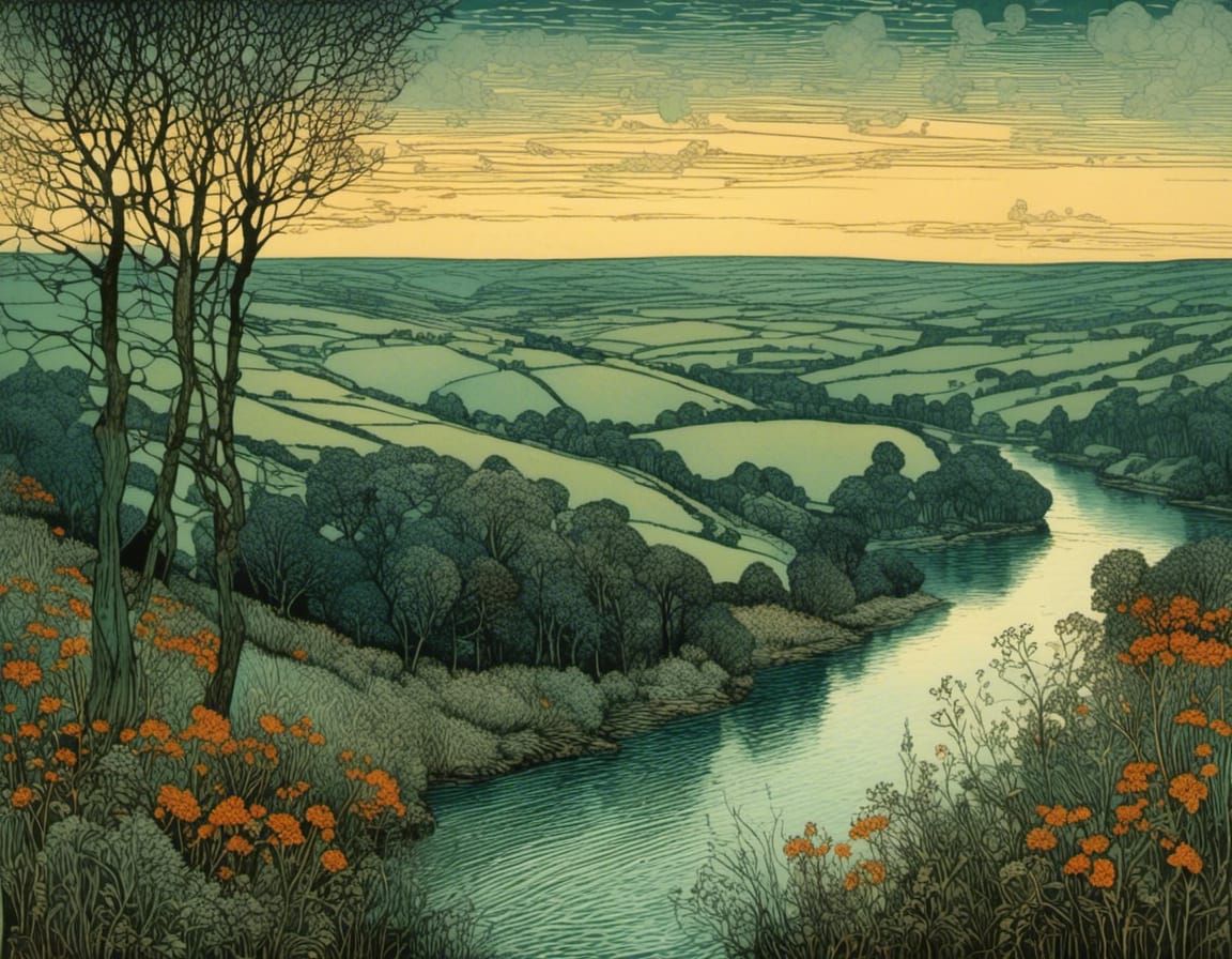 Vibrant River Landscape in an Impressionist Style