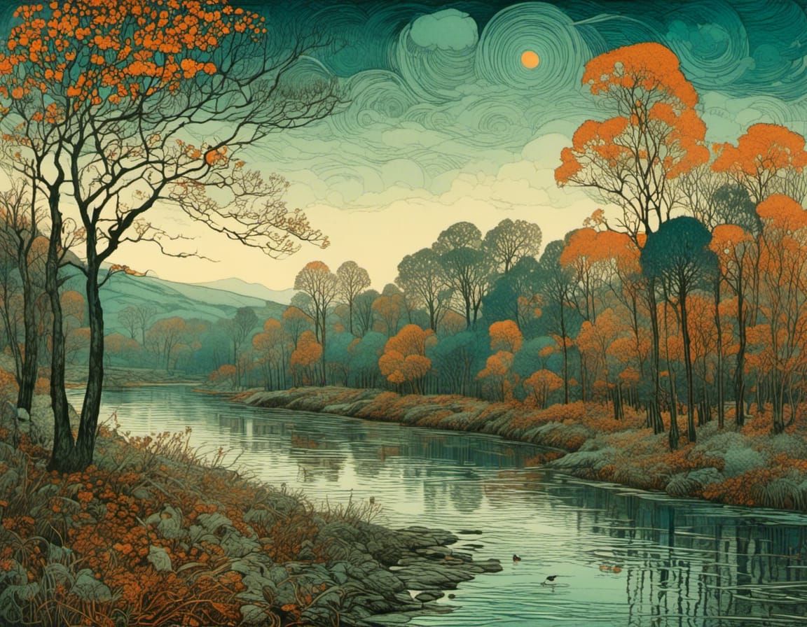 Orange and Teal River Landscape in Mixed Styles