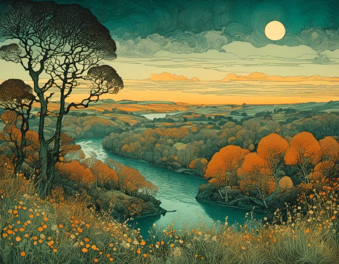 Surreal Orange Teal River Landscape in a Carved World Style