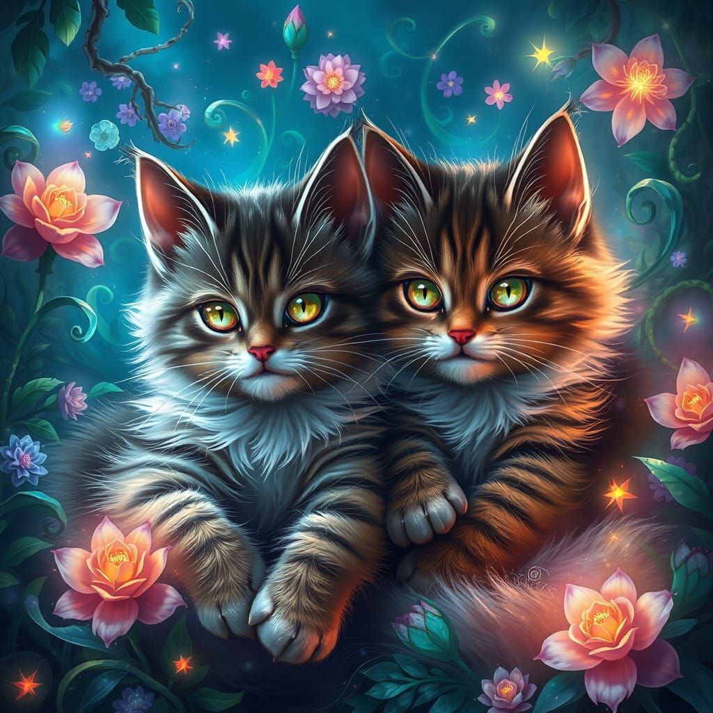 Fantastical Cats in Vibrant, Whimsical Realm