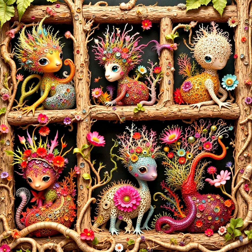 Four Seasons Flower Hats on Rustic Shelves