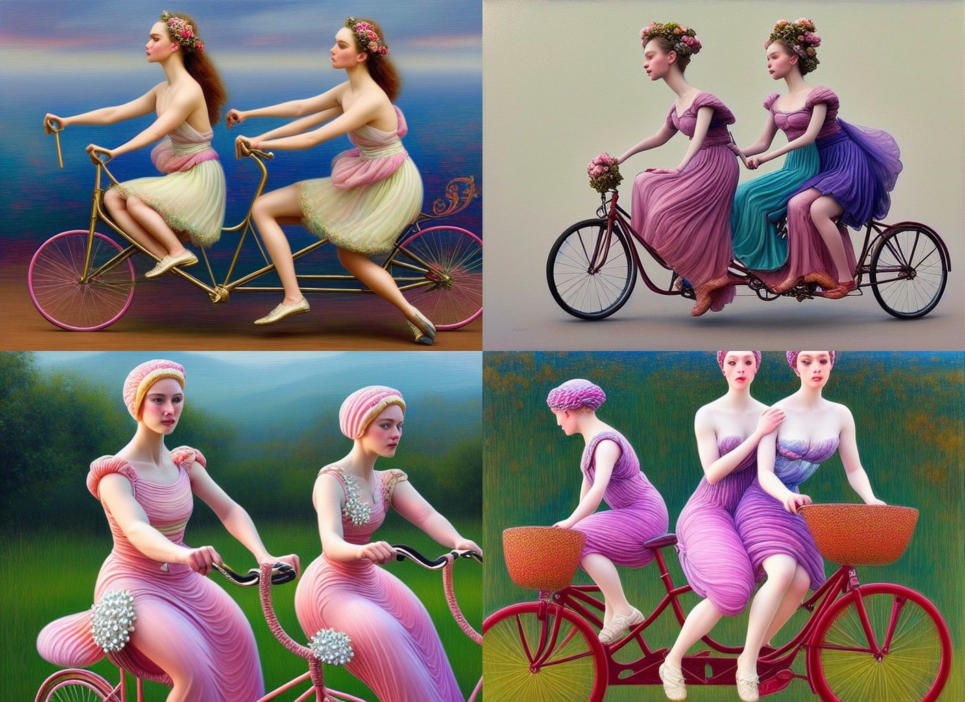 Two Princesses on Tandem Bicycle: Photorealistic Art