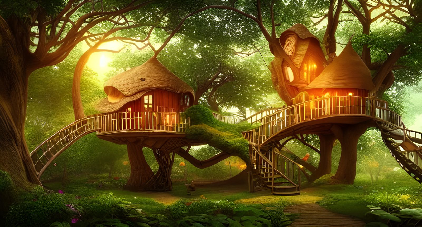 Enchanting Treehouse with Spiraling Staircase: Digital Art