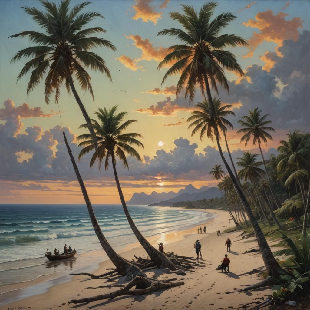Tropical Beach Sunset in Oil Painting Style