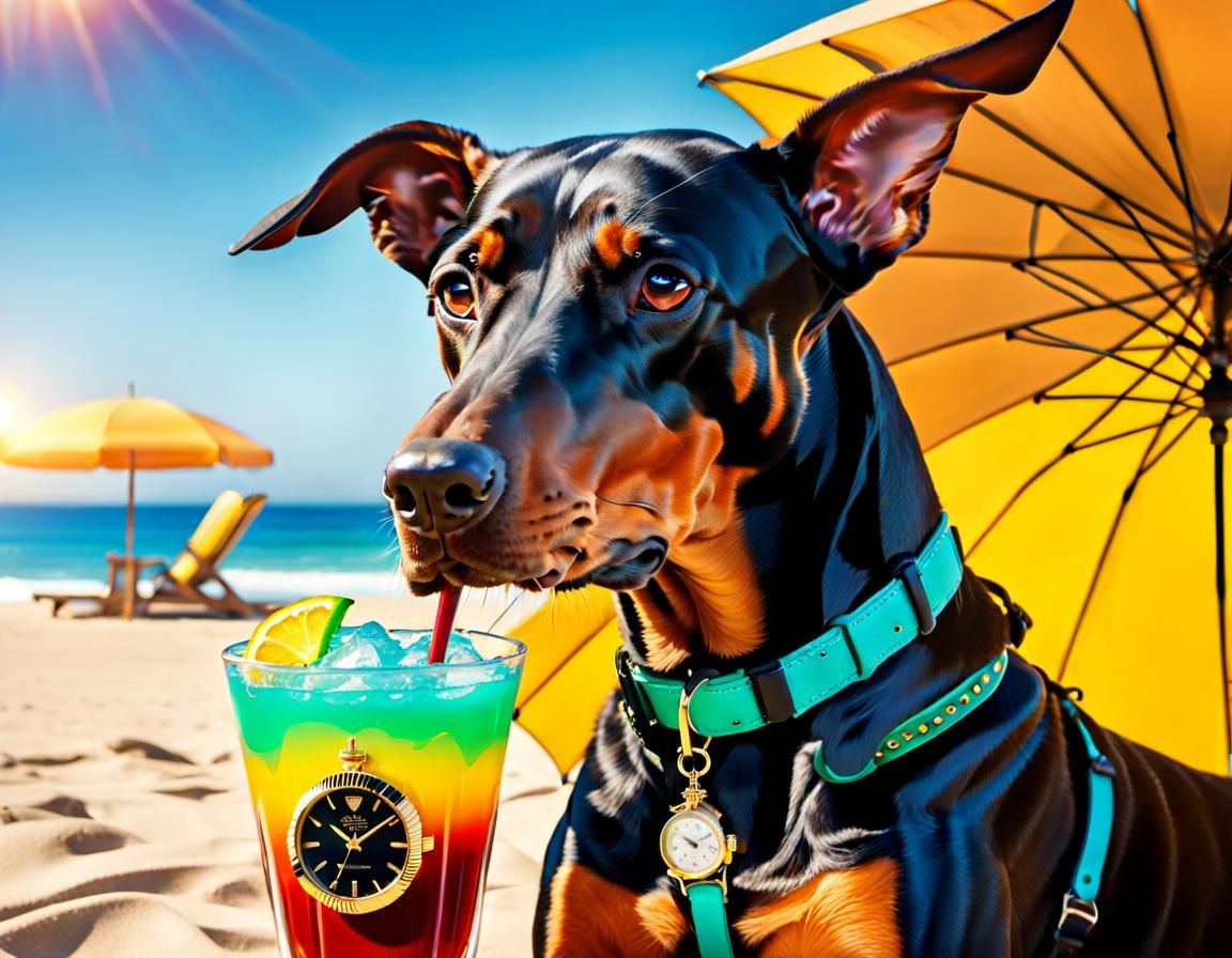Doberman Pinscher Beach Vacation in Cherry Futurism