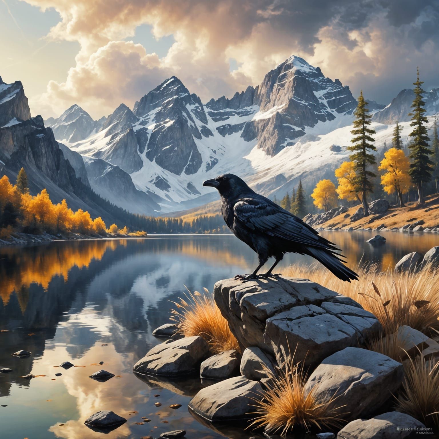 Lone Crow on Alpine Lake in Autumn Watercolor Style