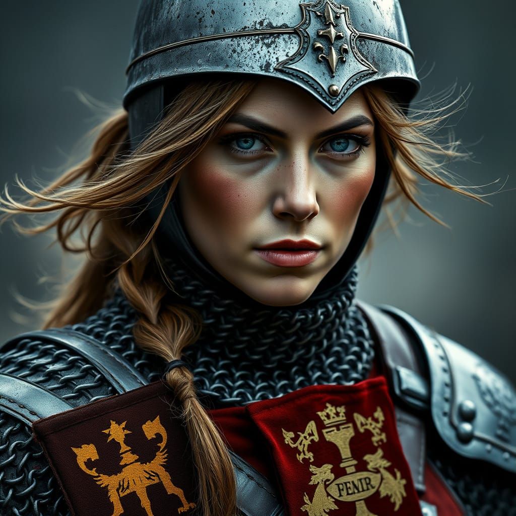 Female Knight with Scarred Face and Glowing Eyes