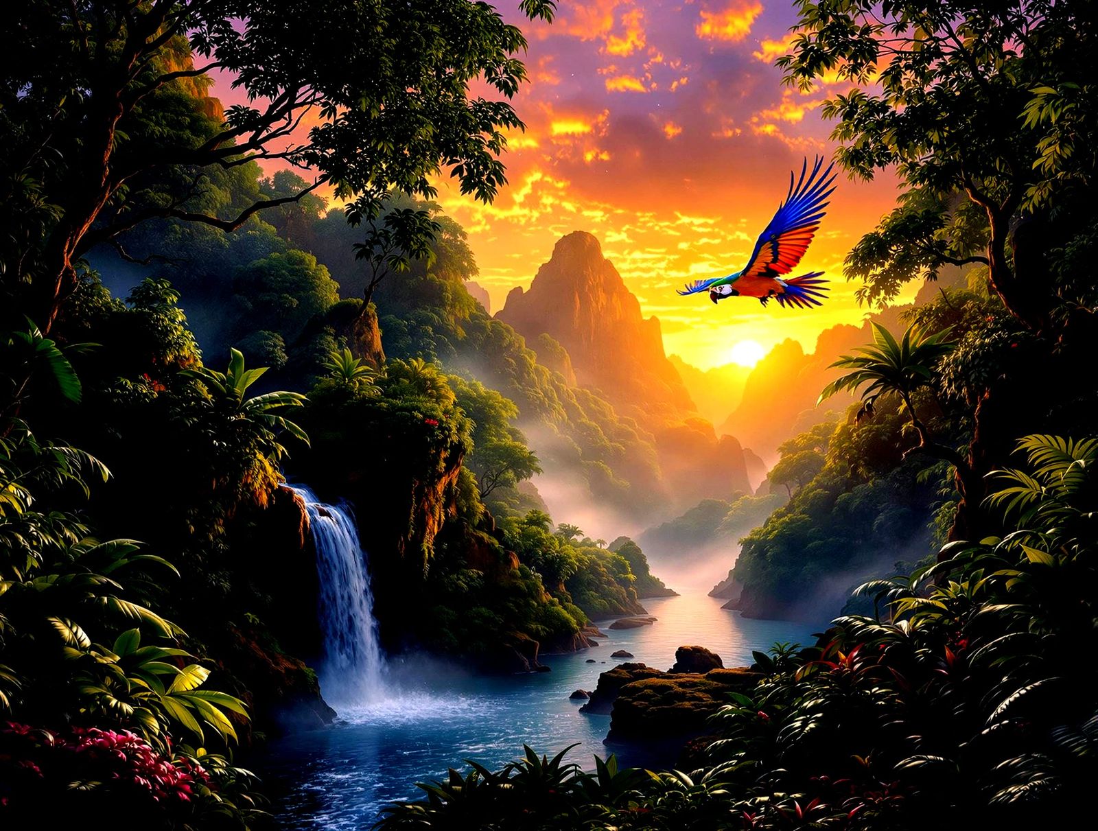 Vibrant Jungle Sunset with a Majestic Macaw