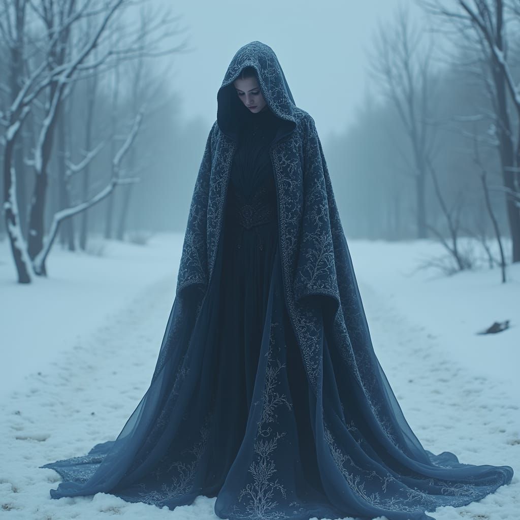 Ethereal Icy Queen Confronts Desolate Winter Landscape