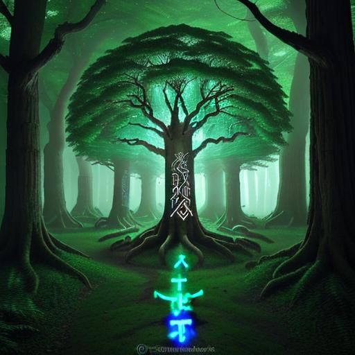 t: A grove of ancient trees with glowing runes carved into t...