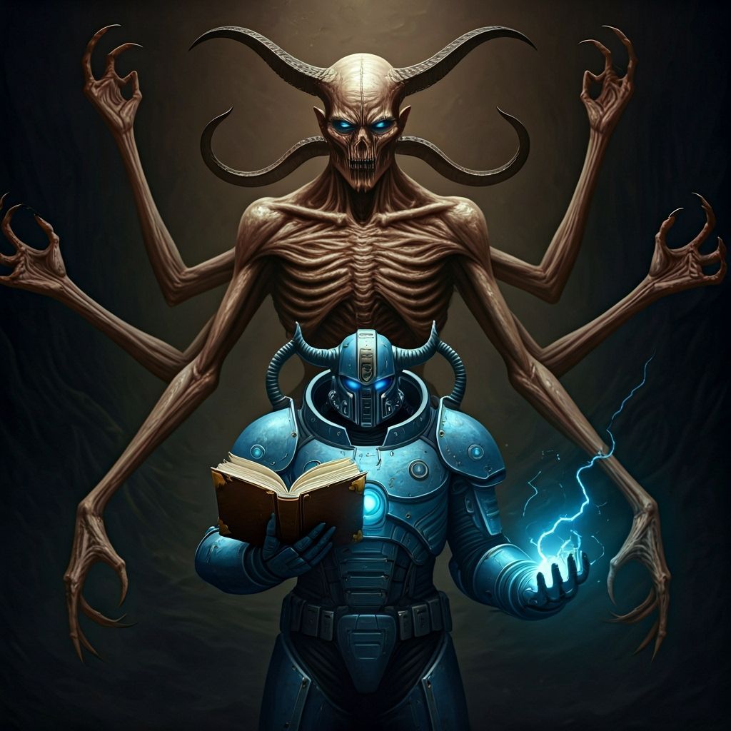 Demonic Entity Behind Armored Soldier, Biomechanical Art