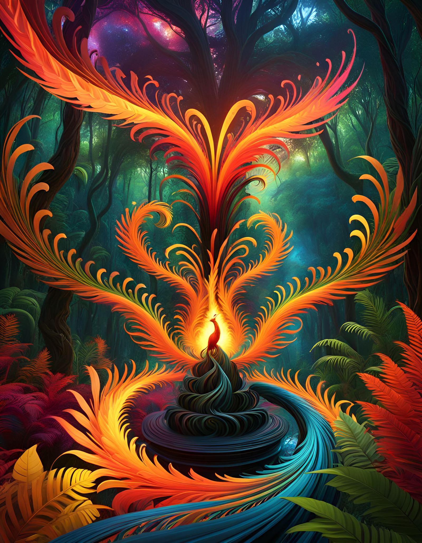 Fiery Phoenix Rising from Jungle Clearing