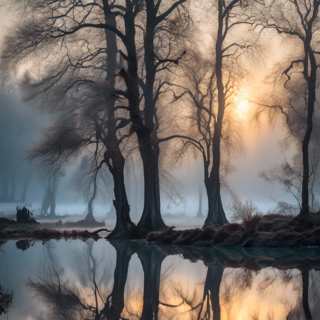 Winter Landscape with Reflected Trees in Golden Sunlight
