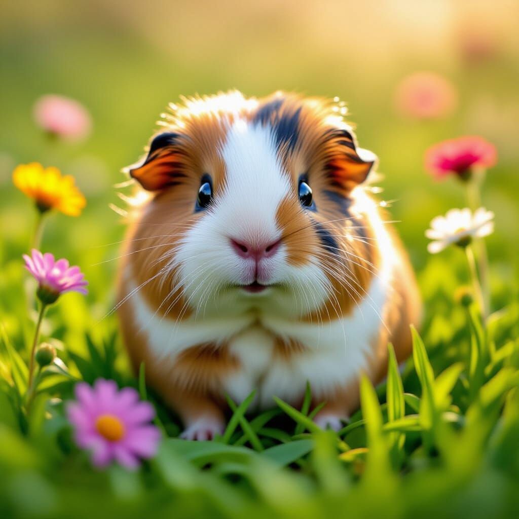 Adorable Guinea Pig in Wildflowers, Hyperrealistic