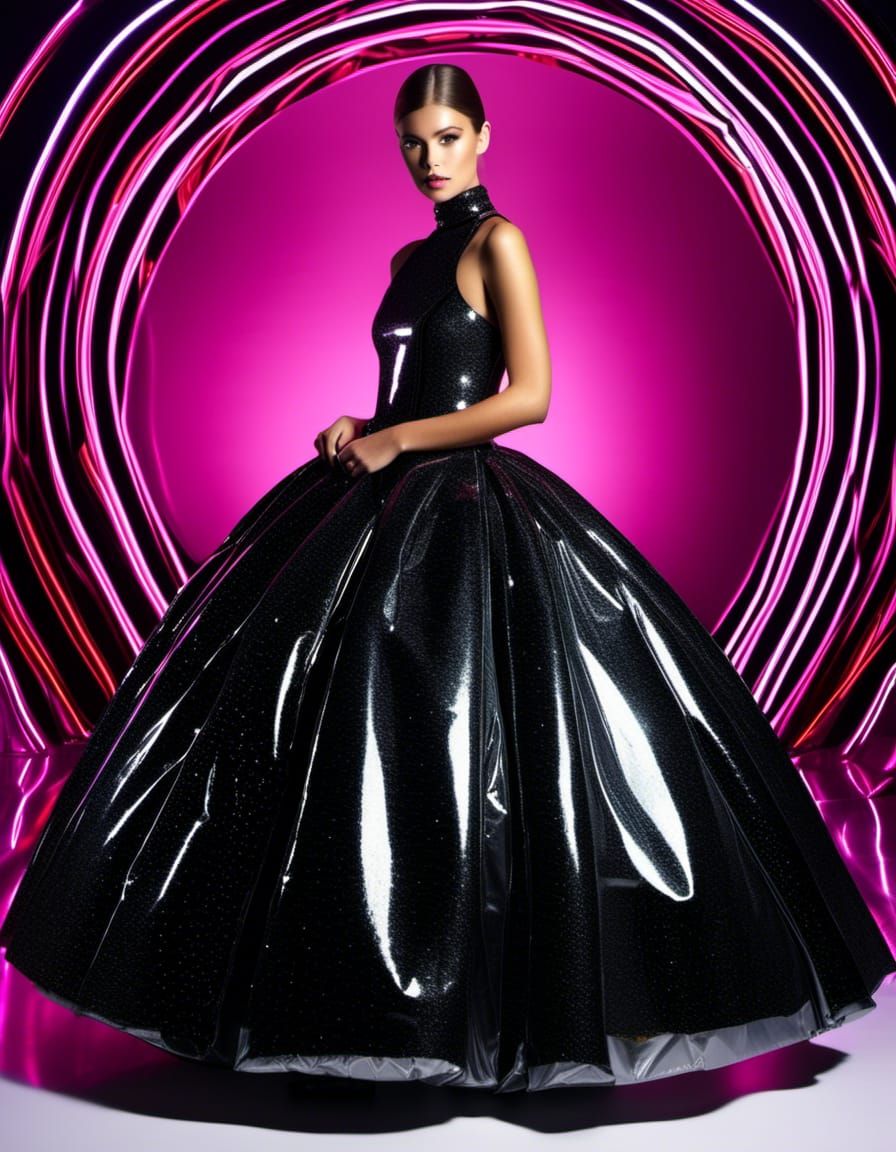 Sparkling Black Vinyl Ballgown with Translucent Overlay