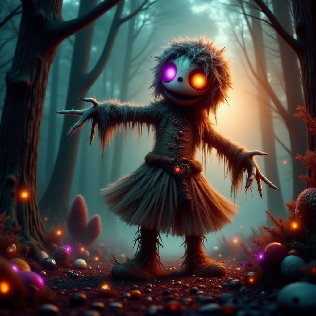 Enchanted Forest Scarecrow in Mixed Whimsical Styles
