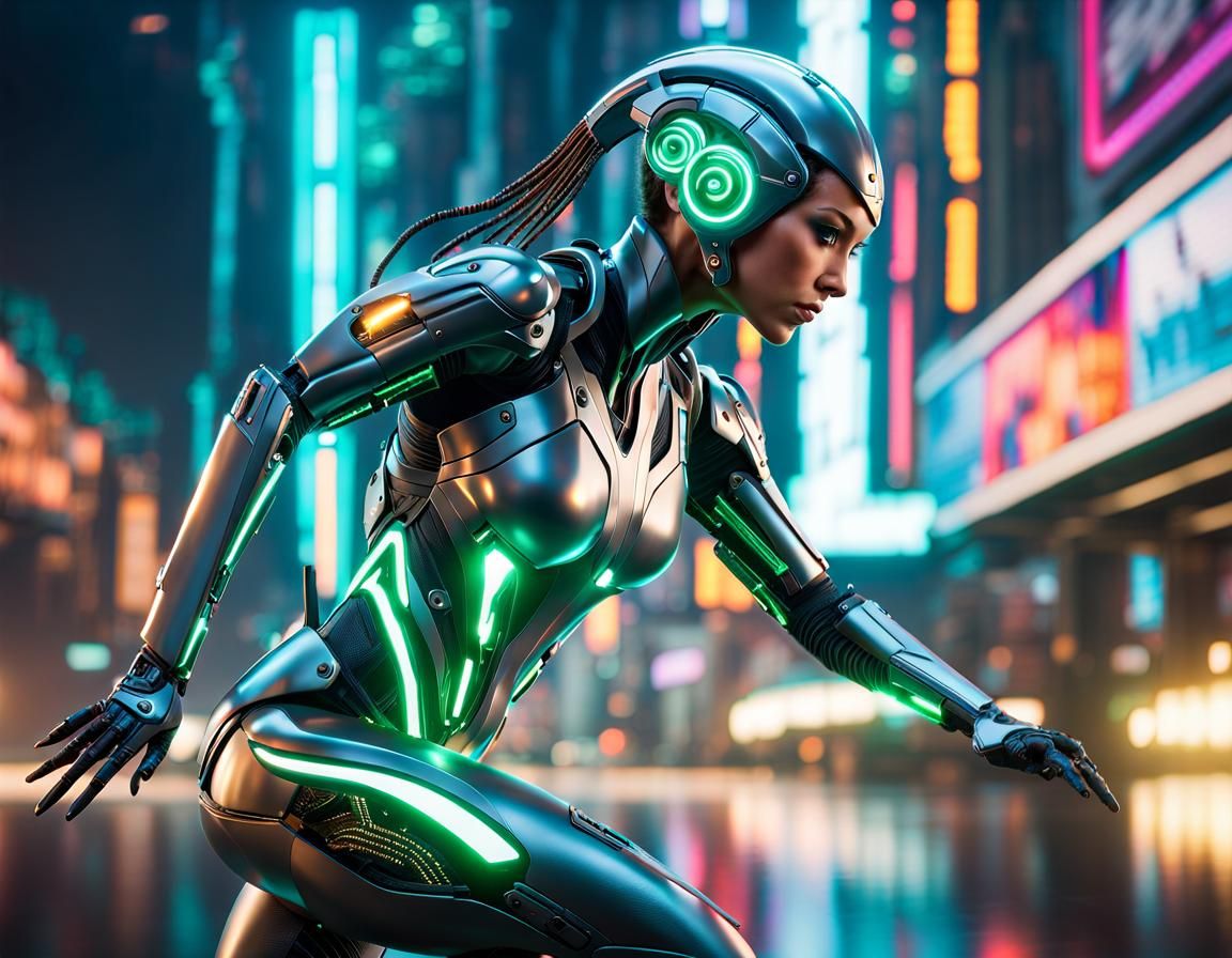 Cyberpunk Cyborg Woman Sprinting with Lance