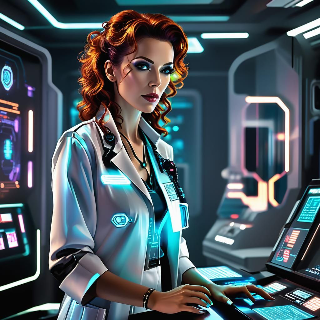 Cyberpunk Physician in Neon-Lit Futuristic Clinic
