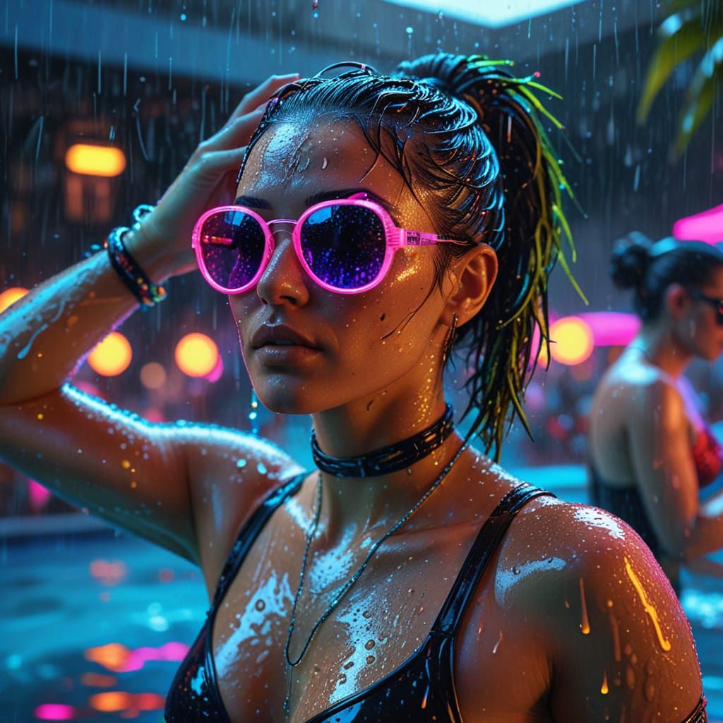 Neon Cyberpunk Raver Dancing in the Rain