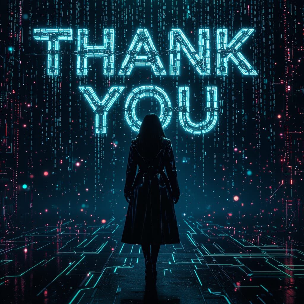 Cyberpunk Woman with Tech Text in Digital Environment