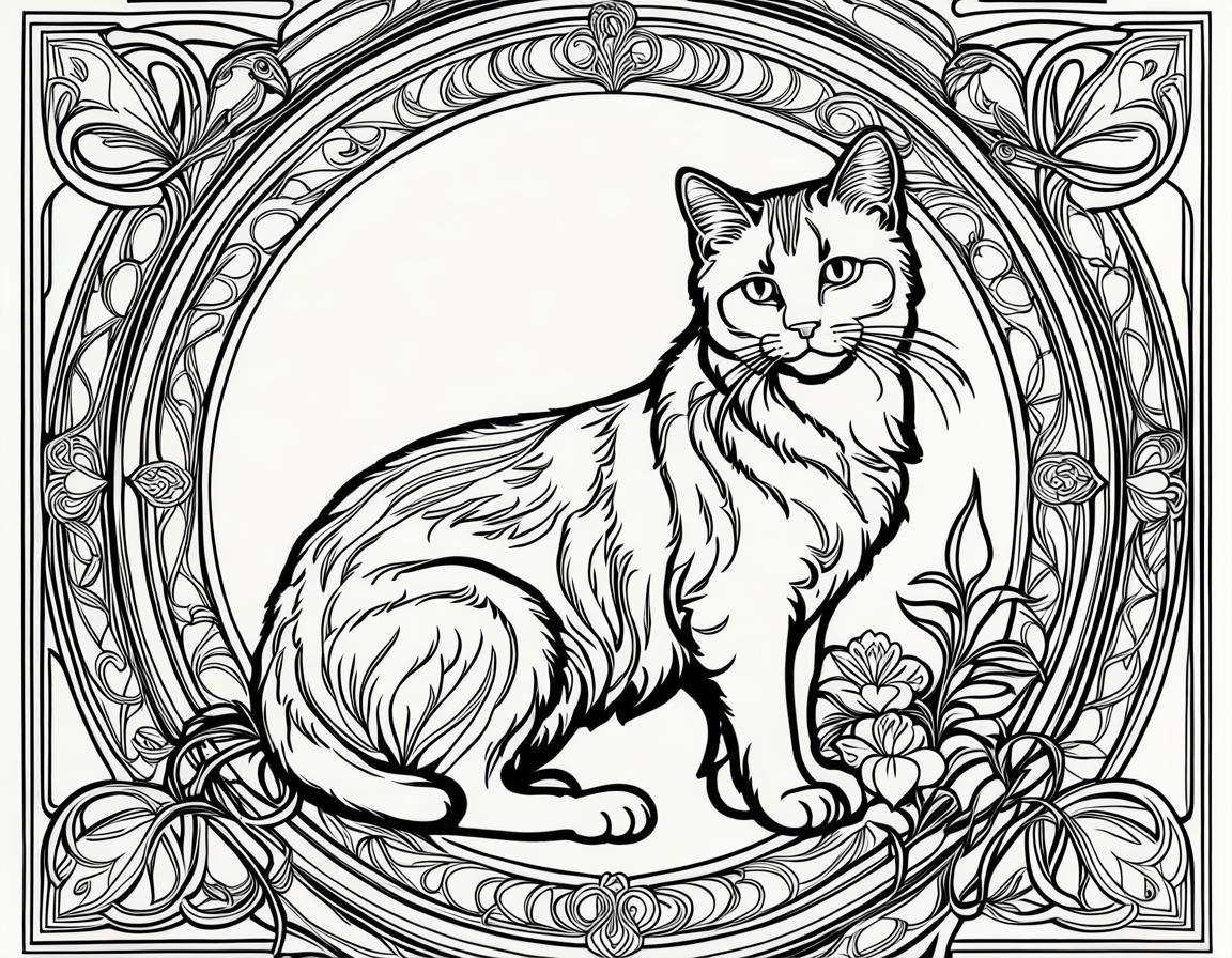 Cat in Art Nouveau Line Art Style
