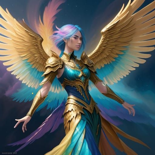 Angel in Vibrant Oil Painting with Iridescent Wings