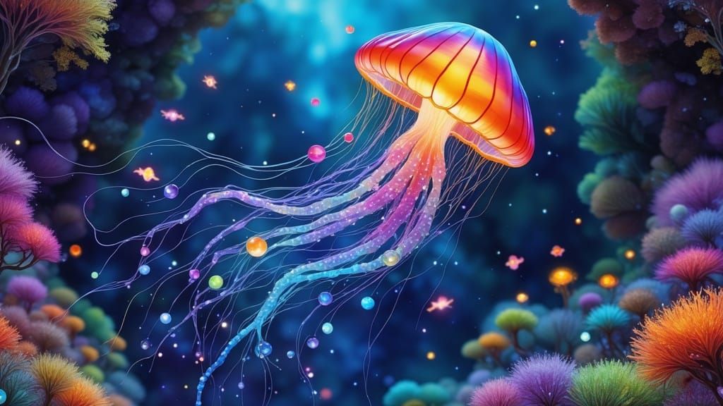 Bioluminescent Jellyfish in Alien Cavern, Digital Art