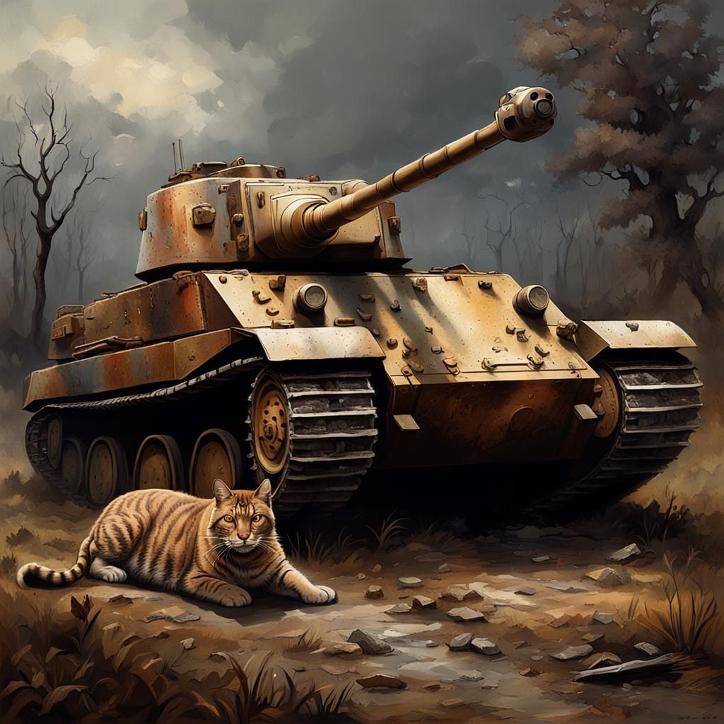 Tabby Cat on Broken King Tiger Tank