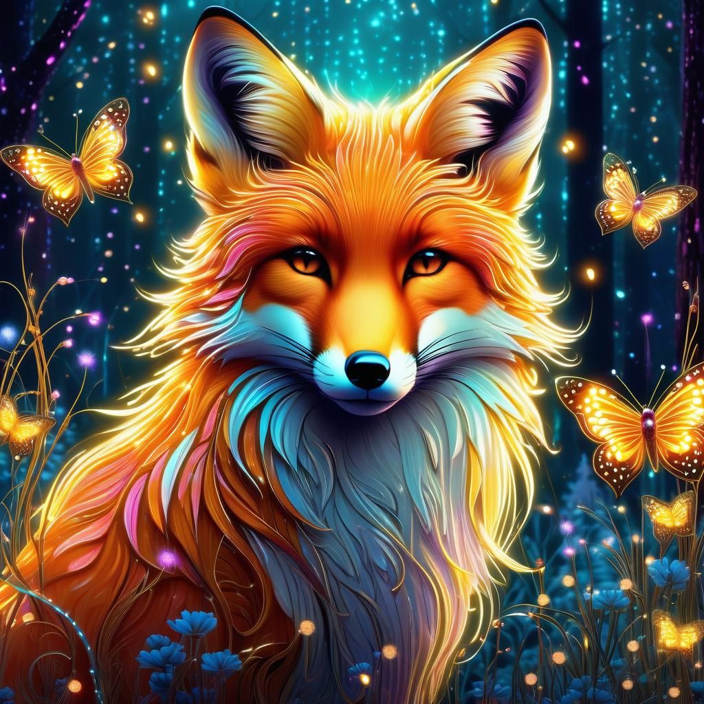 Fluorescent Fox Surrounded by Fireflies in Art Nouveau Style