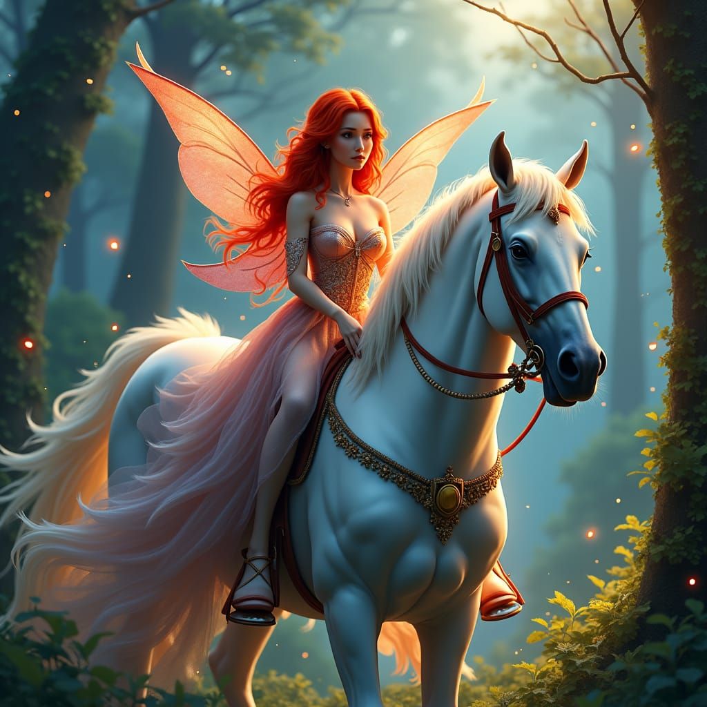 Red-Haired Fairy on Horse in Mystical Forest