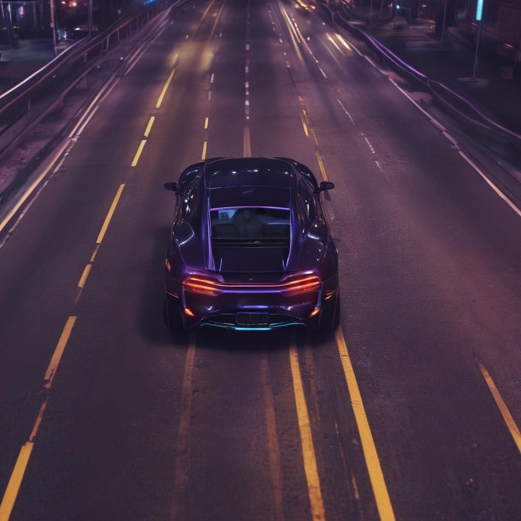 Sleek Car Speeds Down Neon Highway in Cyberpunk Style