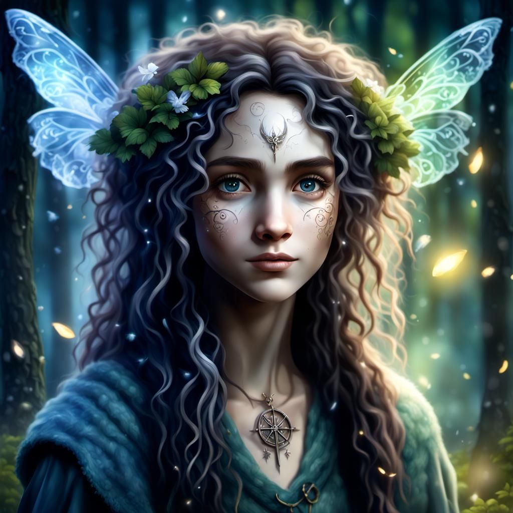realistic fairy in the style of ai.exhibitionist, long fuzzy curly random hair , arcane rune symbols floating around her...