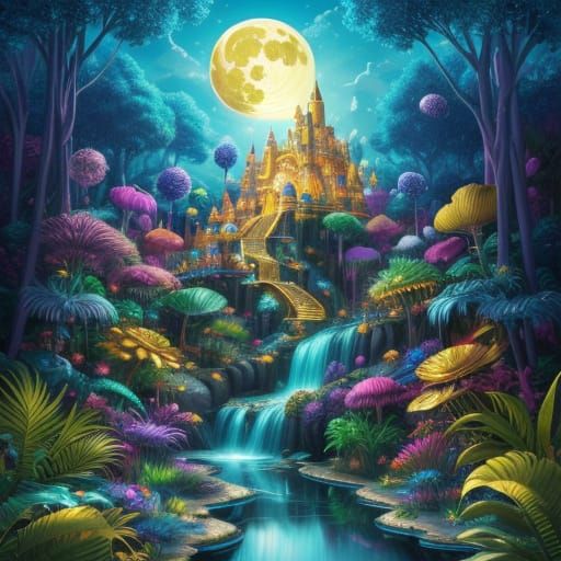 Surreal Golden Moon Spills Liquid Onto Diamond Waterfall