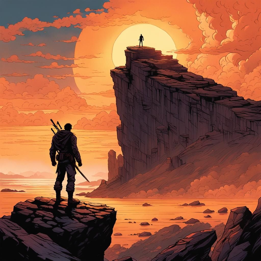 Lone Figure at Dawn in Comic Book Style