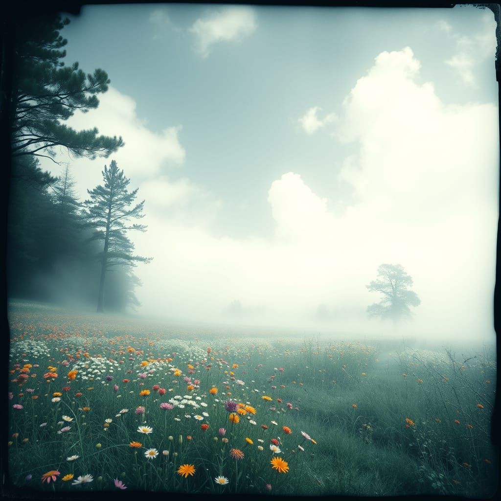 Ethereal Cyanotype Landscape with Colorful Flowers