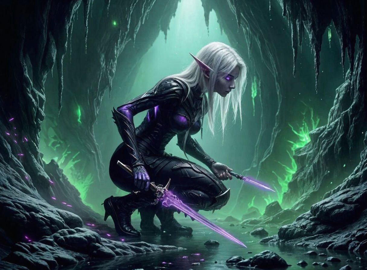 Dark Elf Scout Hunts in Rocky Underground Cave
