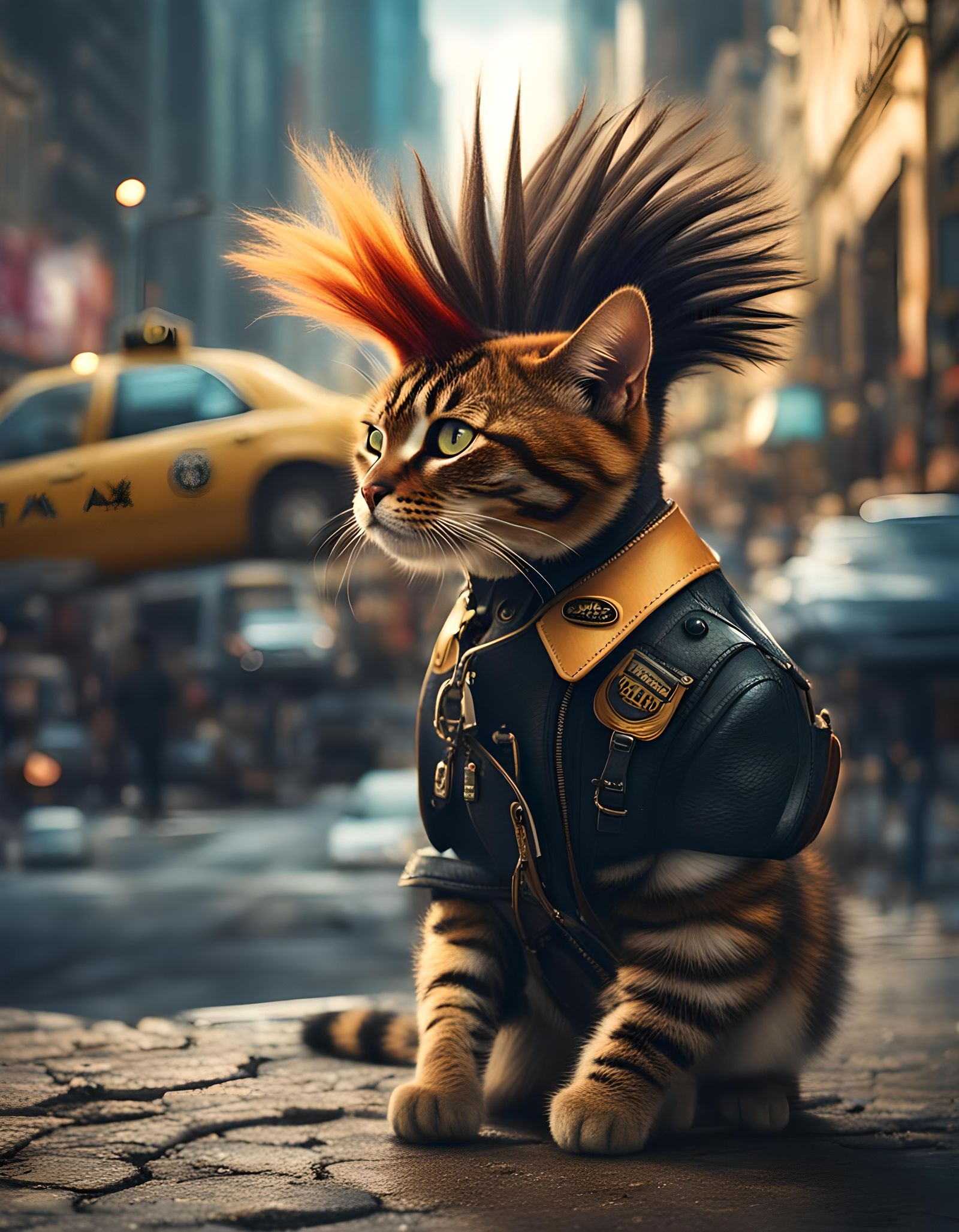 Cat with Mohawk in City Street Scene