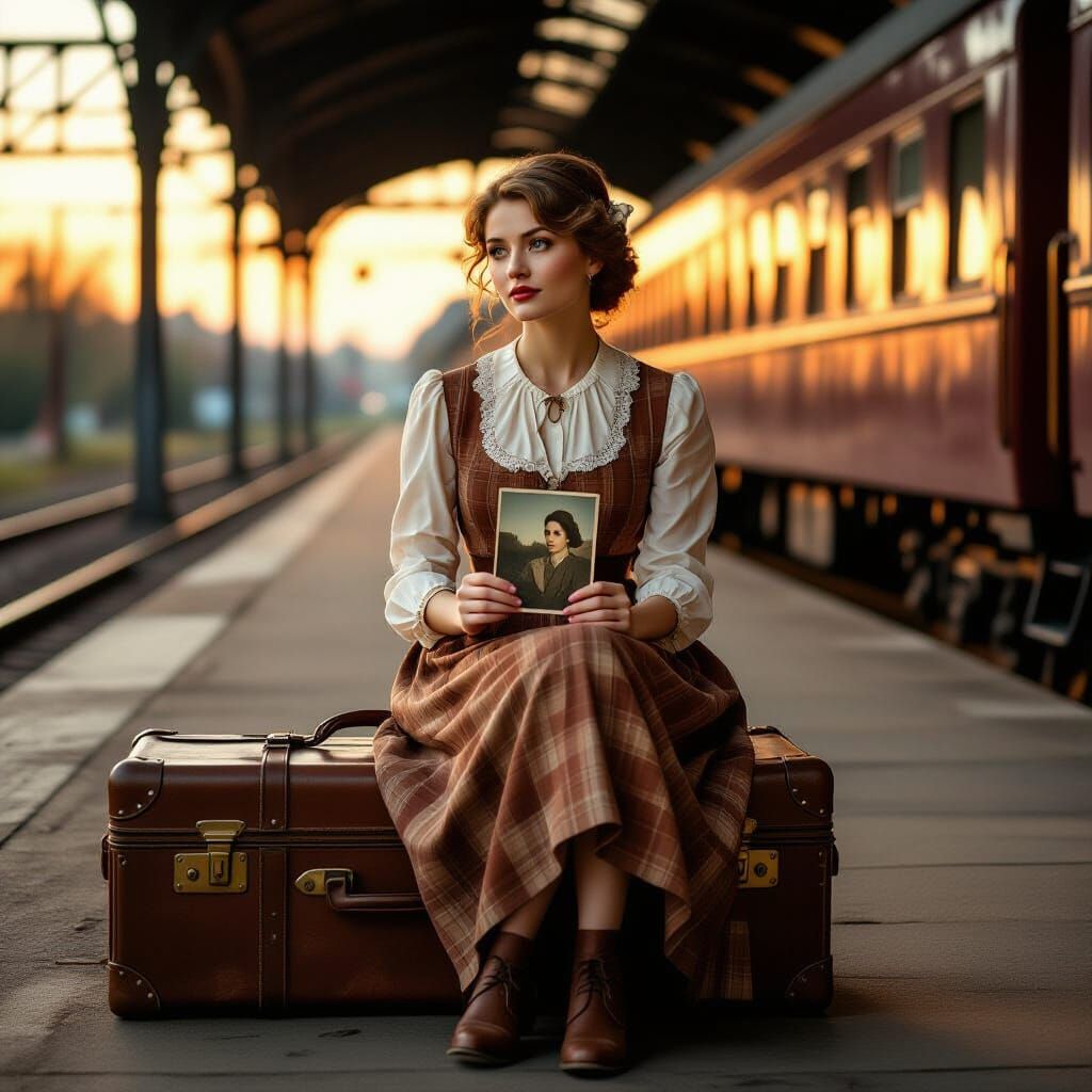 Vintage Woman at Train Station in Nostalgic Portrait