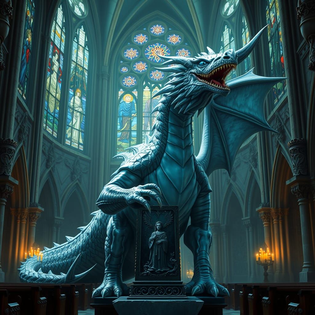 An anthropomorphic silver dragon swears oath a a new paladine of Bahamut in a cathedral of Neverwinter in the Forgotten ...