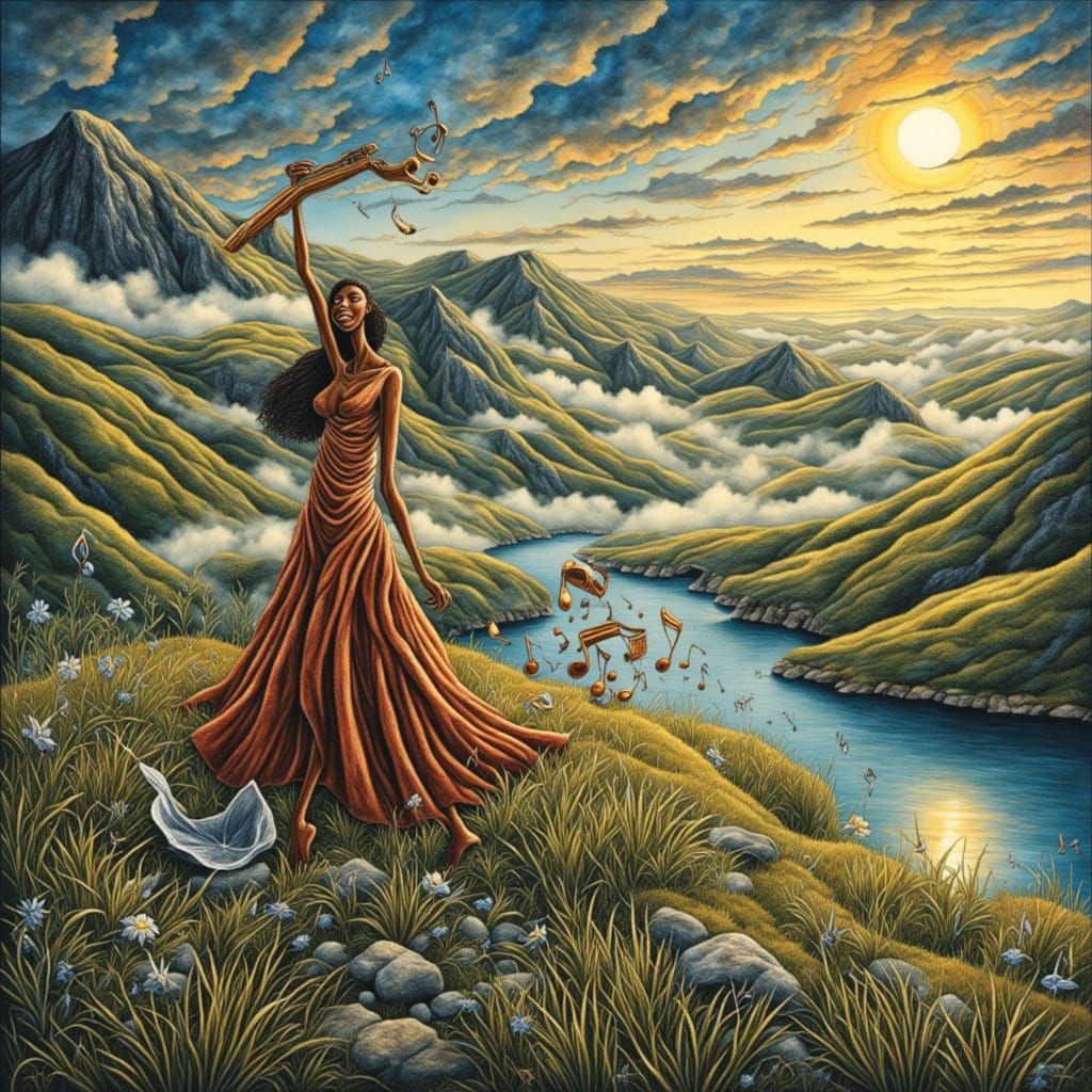 Hyper-Dimensional Music Goddess in Dreamlike Landscape