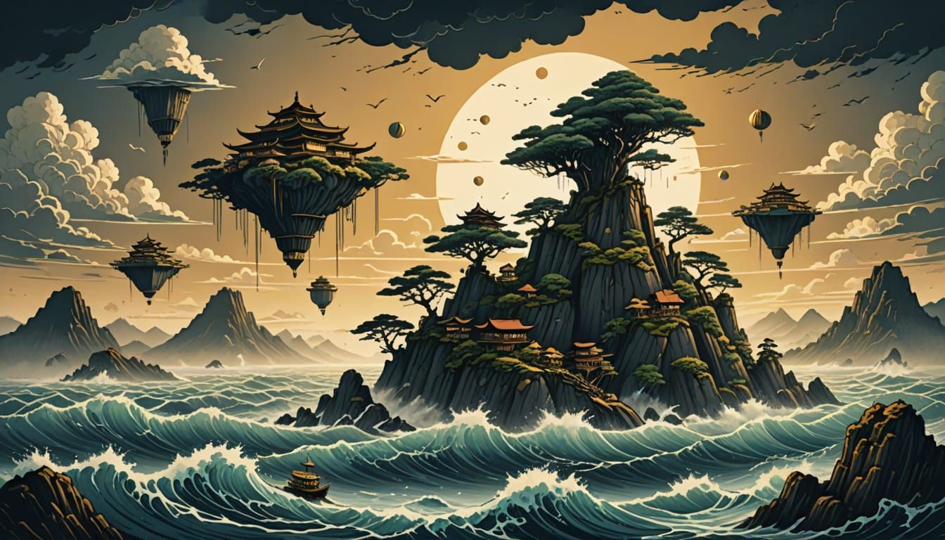 Floating Islands Over Stormy Sea: Woodblock Illustration
