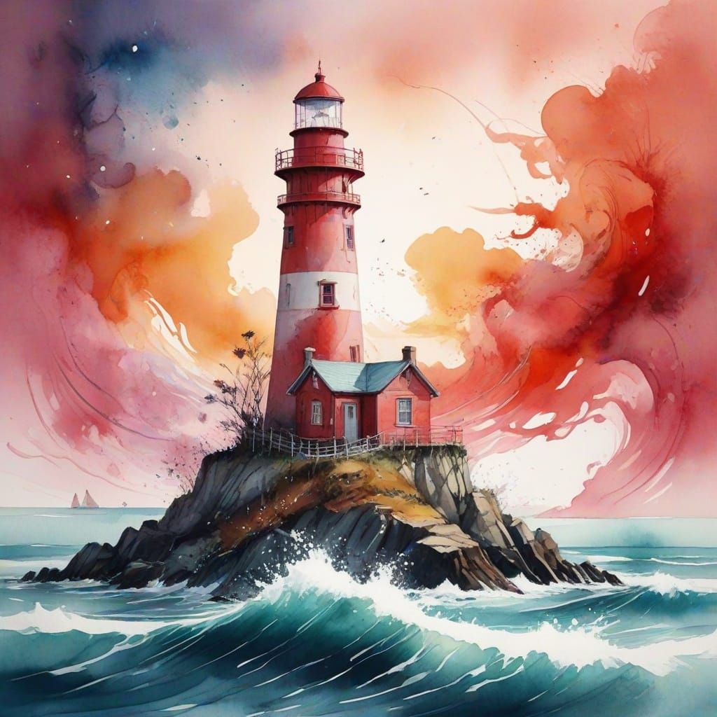 Winter Lighthouse on Chaotic Ocean, Watercolor Painting