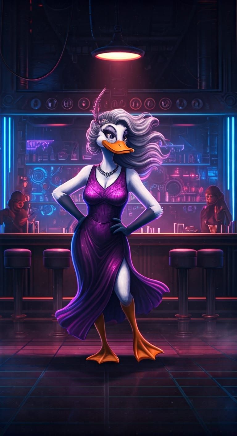 Cyberpunk Duck-Woman Dancing in Futuristic Dive Bar